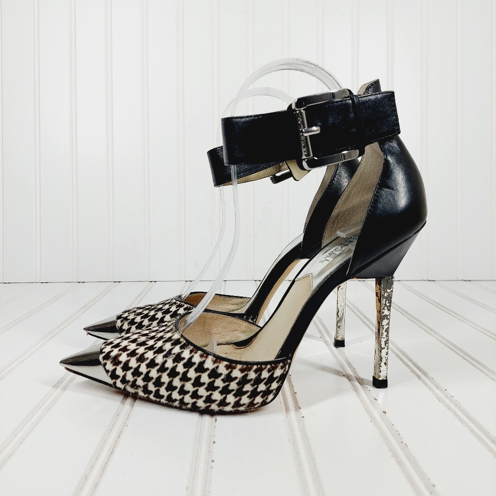 Michael Kors Zady Houndstooth Black and White Ankle Buckle Strap Pump Heels B267